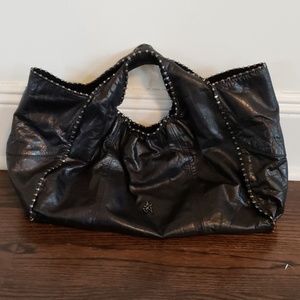 BLACK LEATHER SATCHEL TOTE BAG SILVER STUDS ASIAN